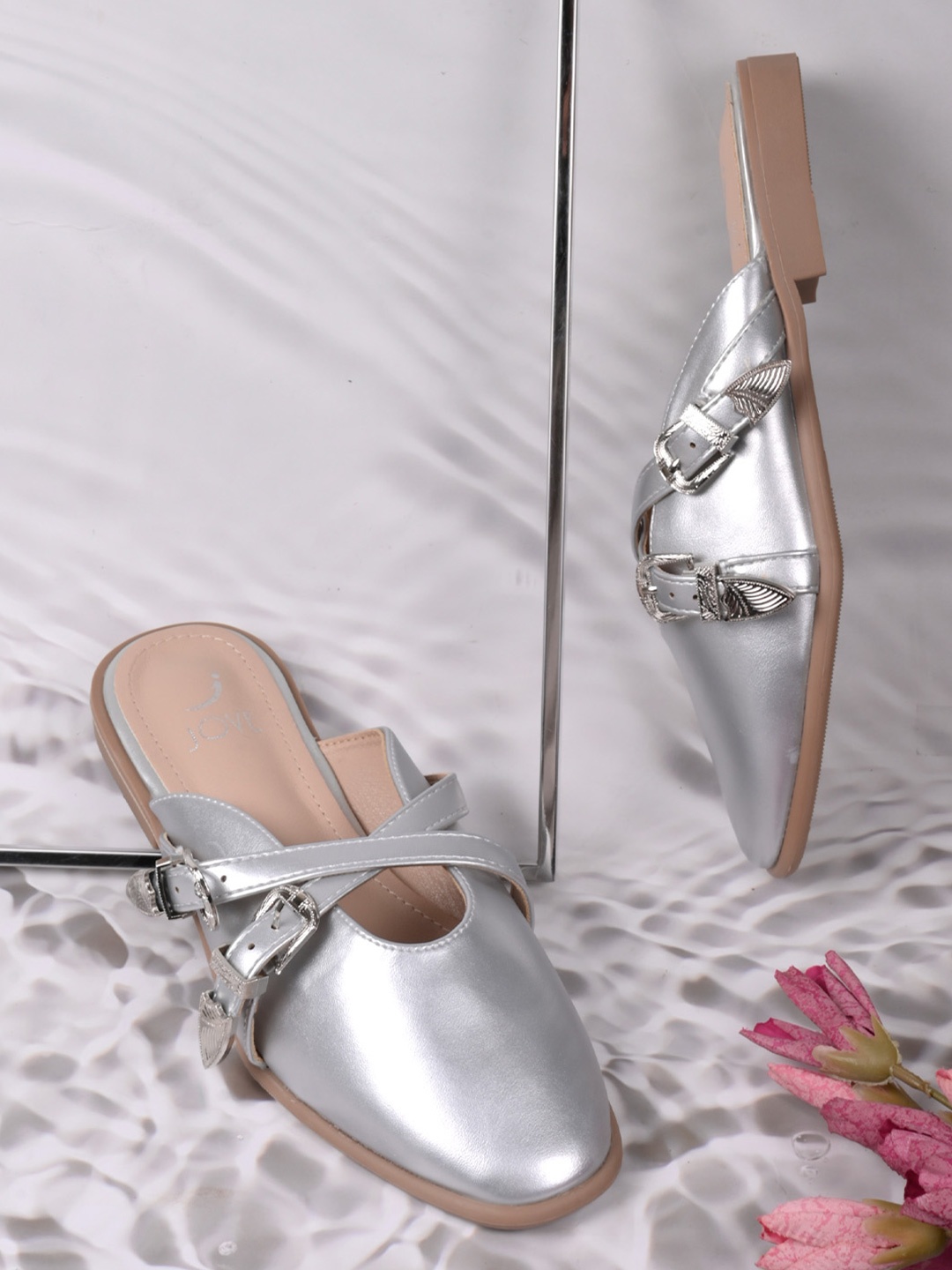 

Jove Women Mules with Buckles Flats, Silver