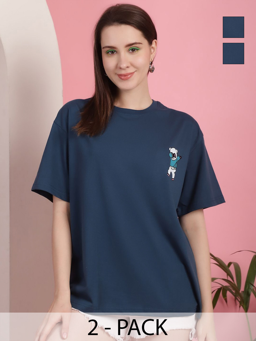 

GLOBAL NOMAD Women Pack Of 2 Graphic Printed Round Neck Cotton Oversized T-shirts, Navy blue