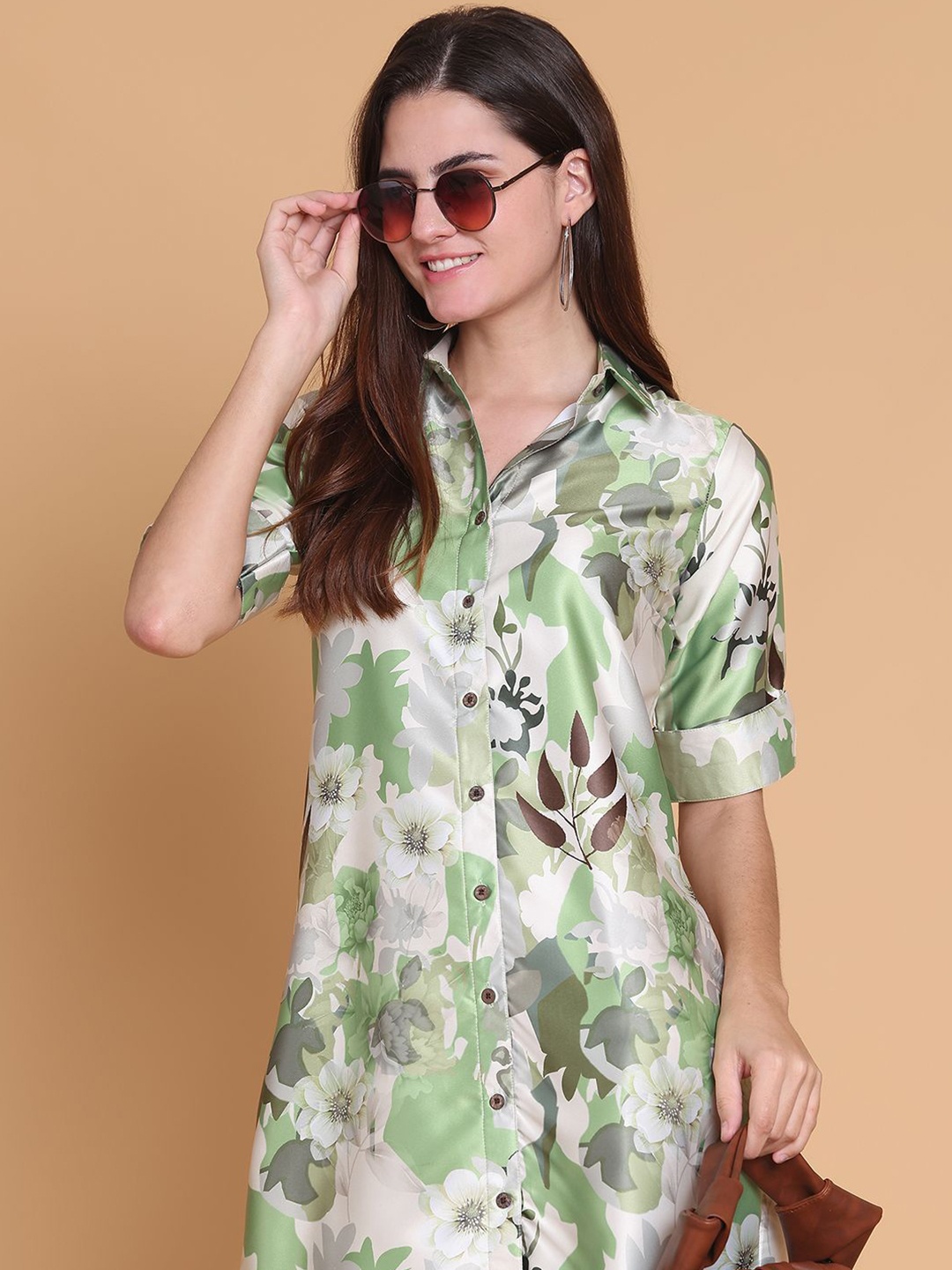 

Indian Needle Women Floral Print Satin Mini Shirt Dress, Green