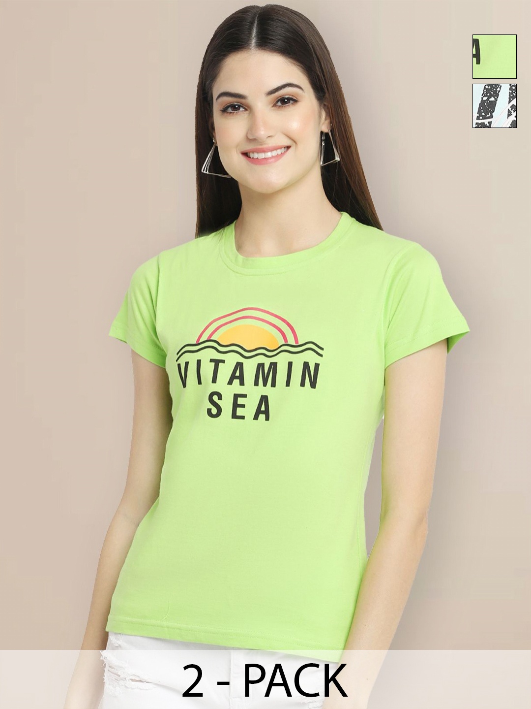 

GLOBAL NOMAD Women Pack of 2 Typography Printed Round Neck Cotton T-shirts, Green
