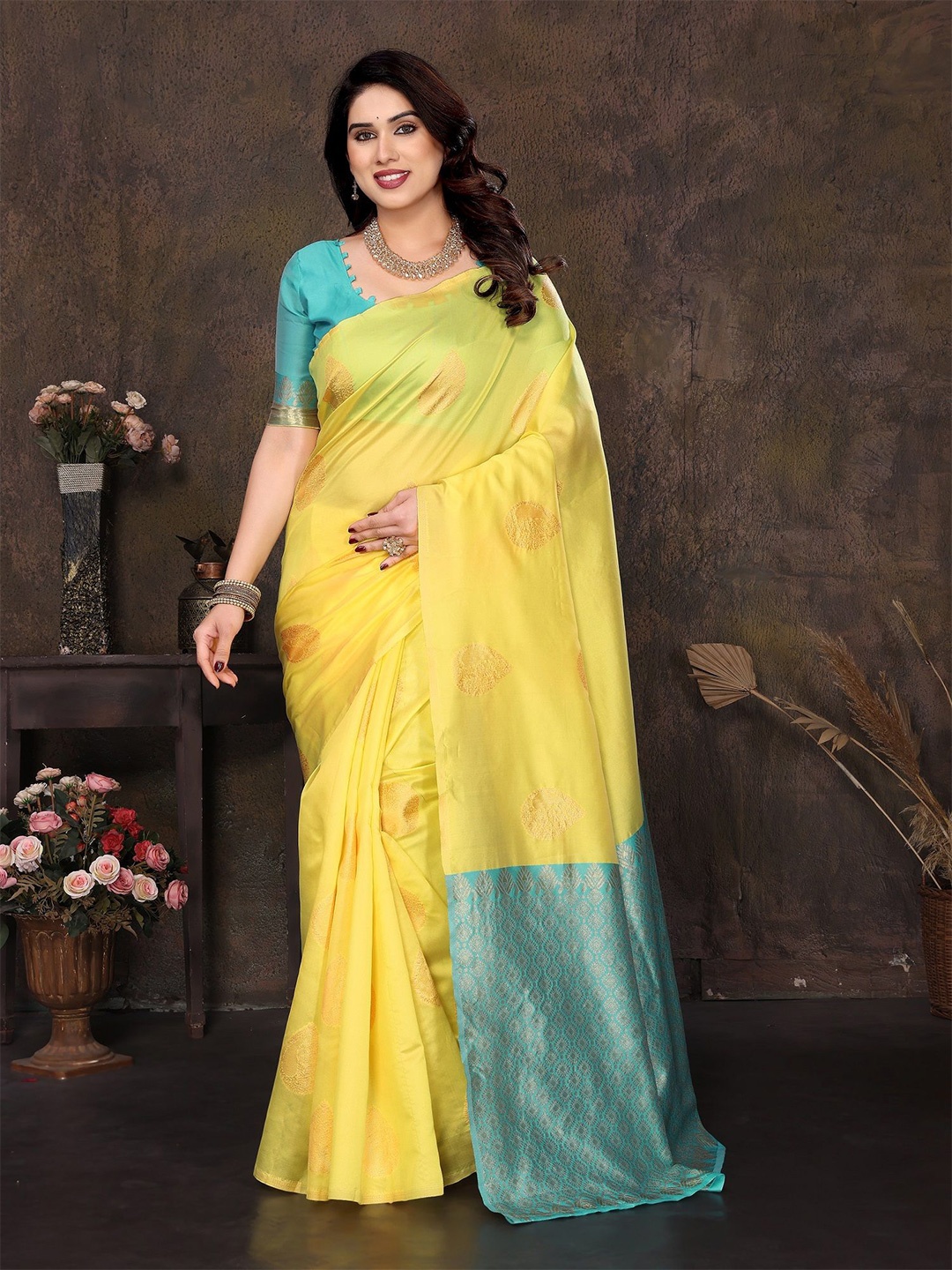 

ROOP SUNDARI SAREES Woven Design Zari Pure Silk Banarasi Saree, Yellow