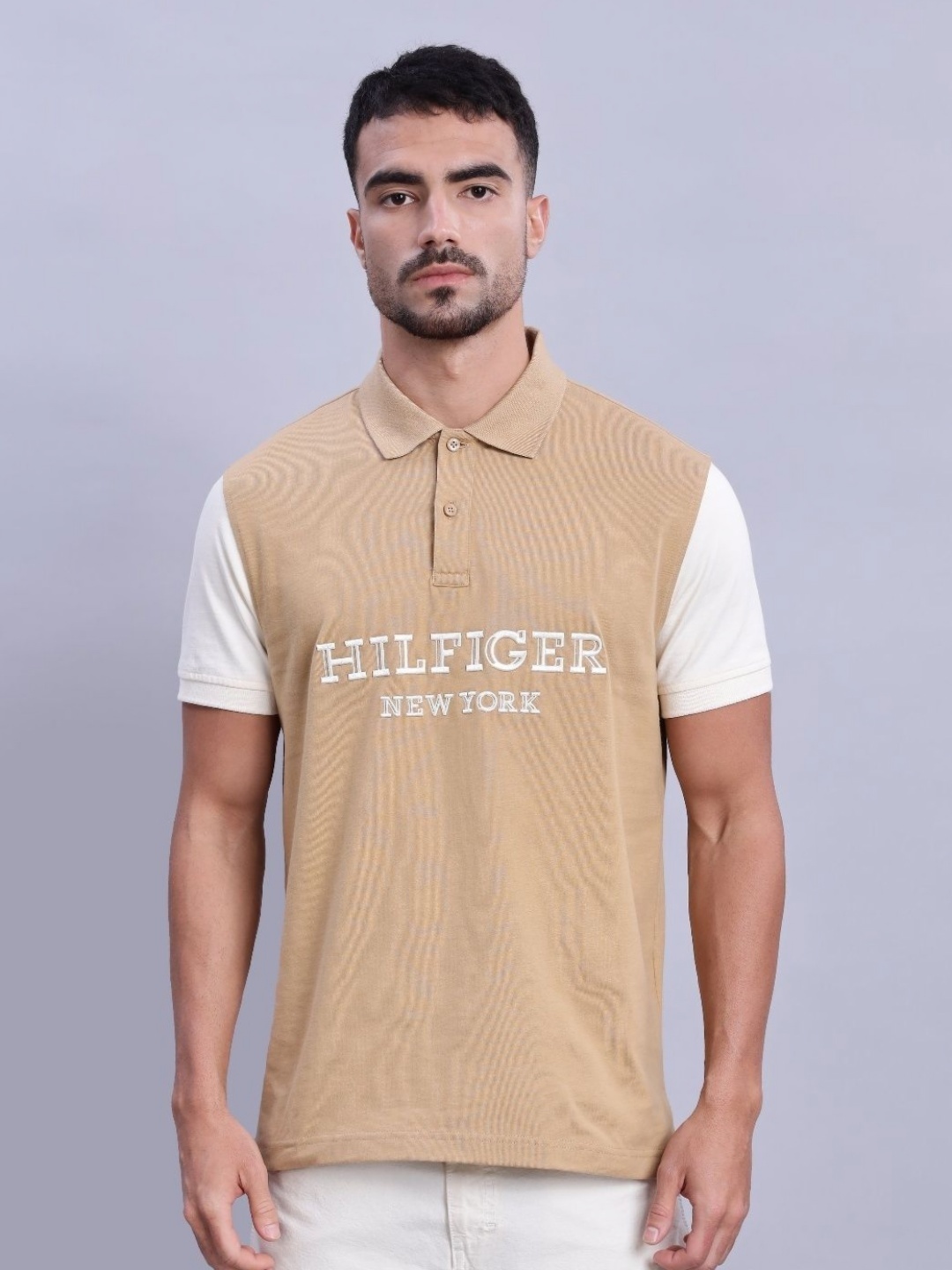 

Tommy Hilfiger Men Typography Printed Polo Collar Cotton T-shirt, Beige