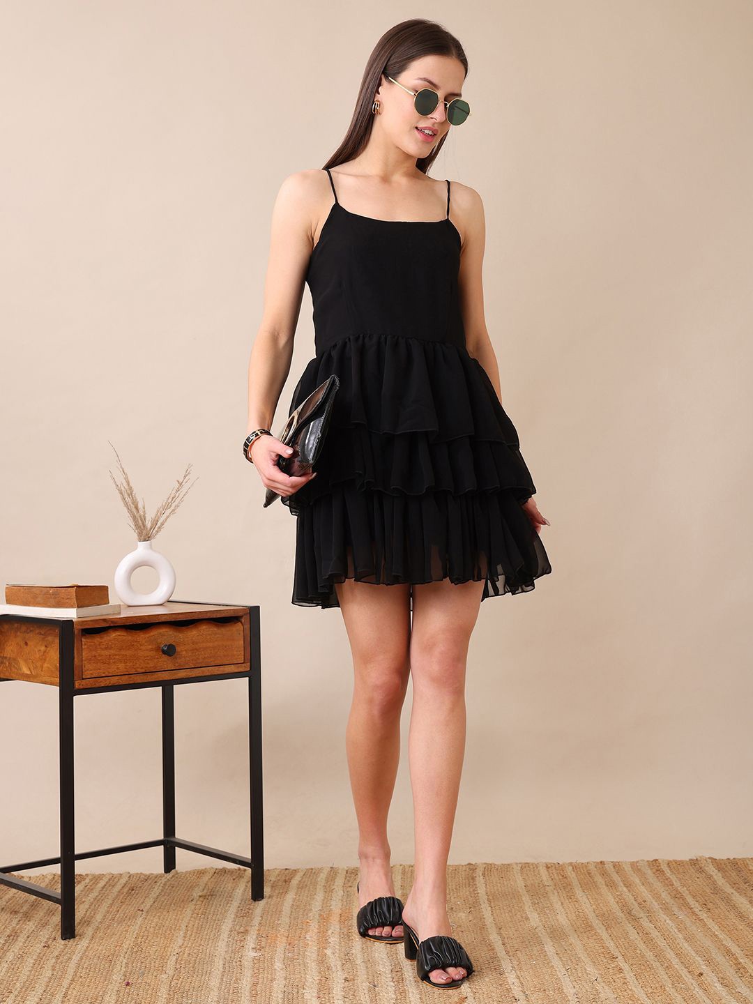 

Anushil Georgette A-Line Mini Ready to Wear Dress, Black