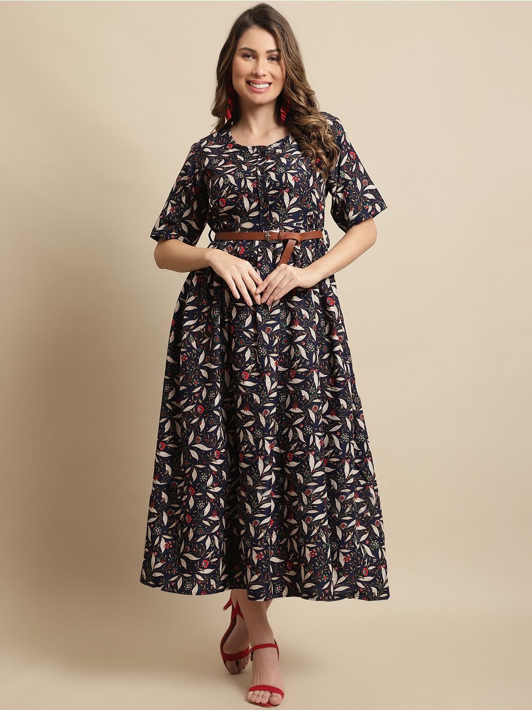 

Metronaut Floral Printed Fit & Flare Midi Dress, Navy blue