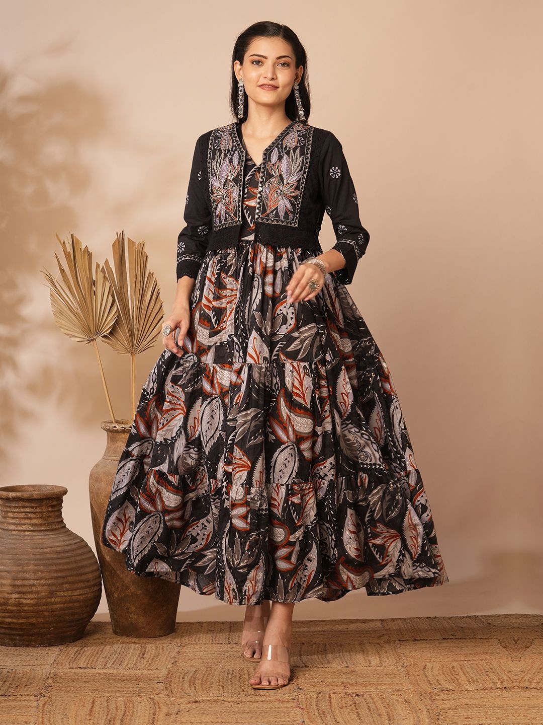 

FASHOR Women Ethnic Motifs Print Fit and Flare Dress with Short Embroidered Jacket, Black