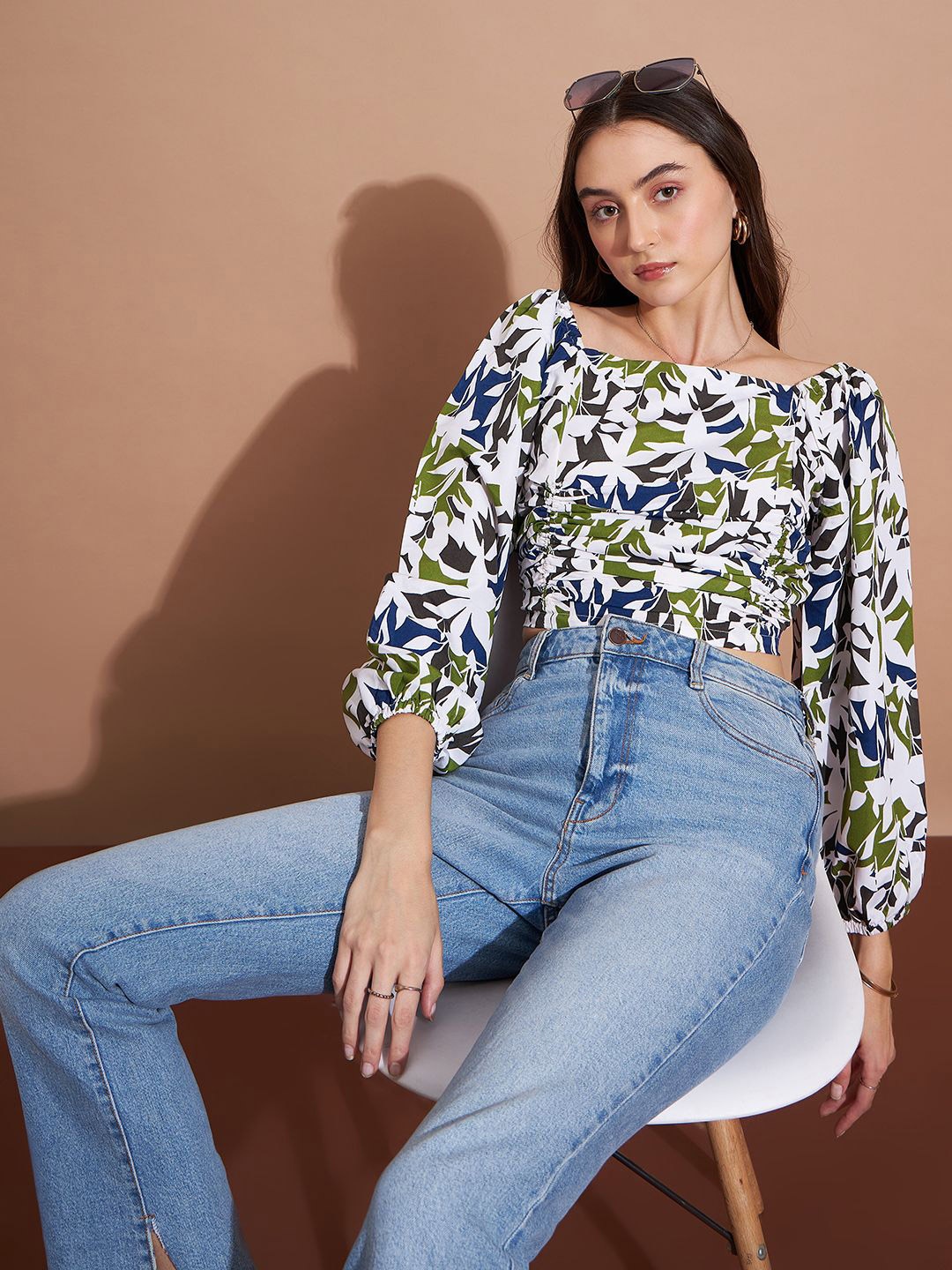 

CORSICA Women Floral Print Puff Sleeve Fitted Crepe Crop Top, White