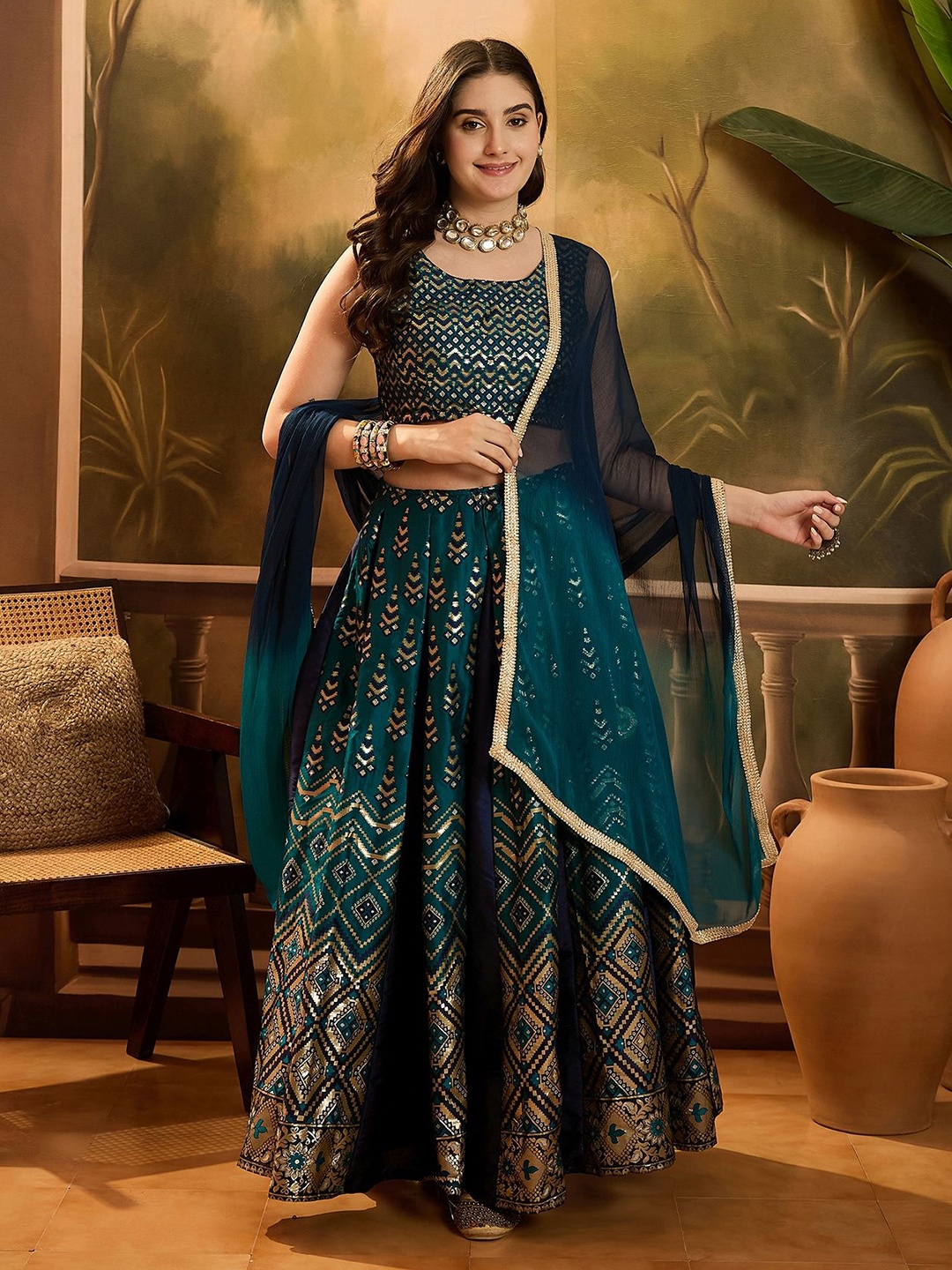 

Sangria Woven Design Lehenga With Choli & Dupatta, Blue