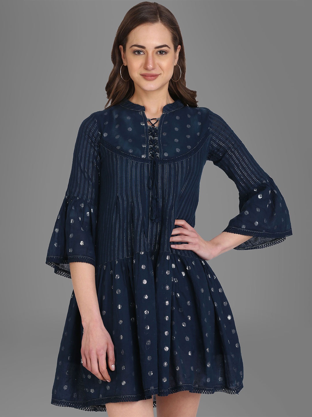 

KALINI Women Printed Bell Sleeve A-Line Dress, Navy blue