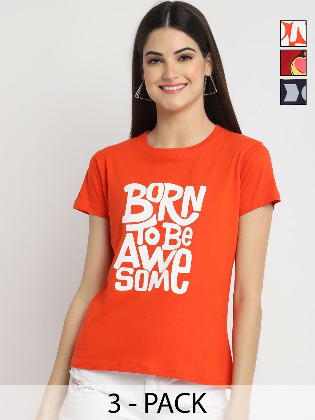 

Dreambe Women Pack of 3 Typography Printed Round Neck Cotton T-shirts, Orange