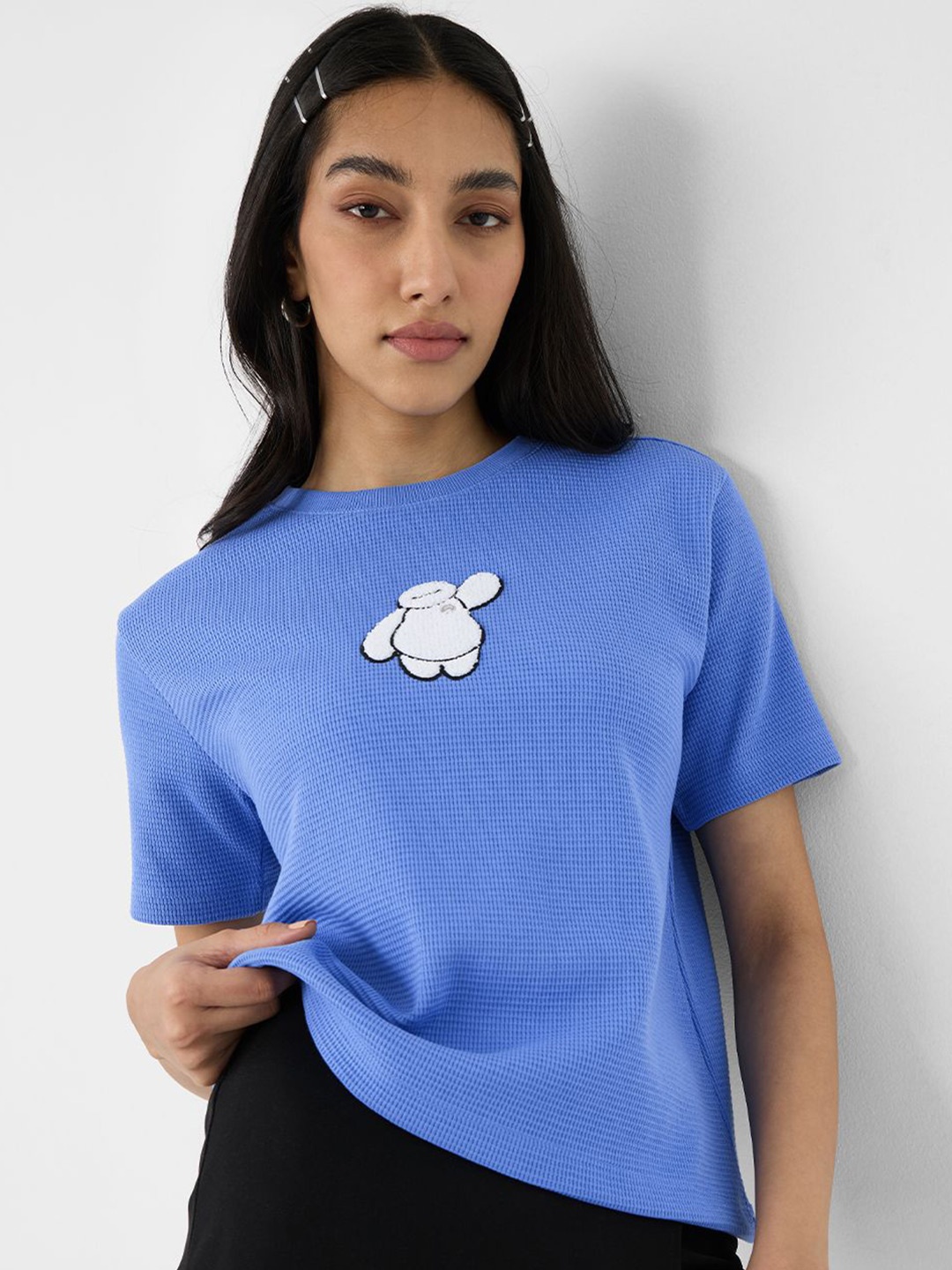 

The Souled Store Women Self Design Round Neck Cotton Boxy T-shirt, Blue
