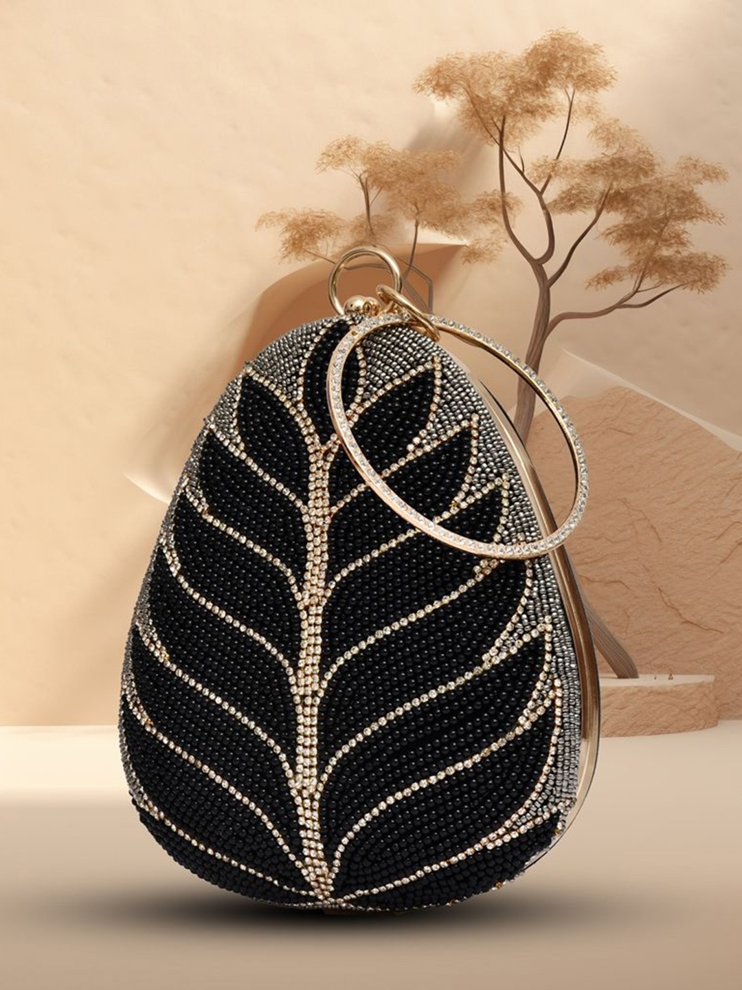 

FOR THE BEAUTIFUL YOU Embellished Wrist Loop Box Clutch, Black