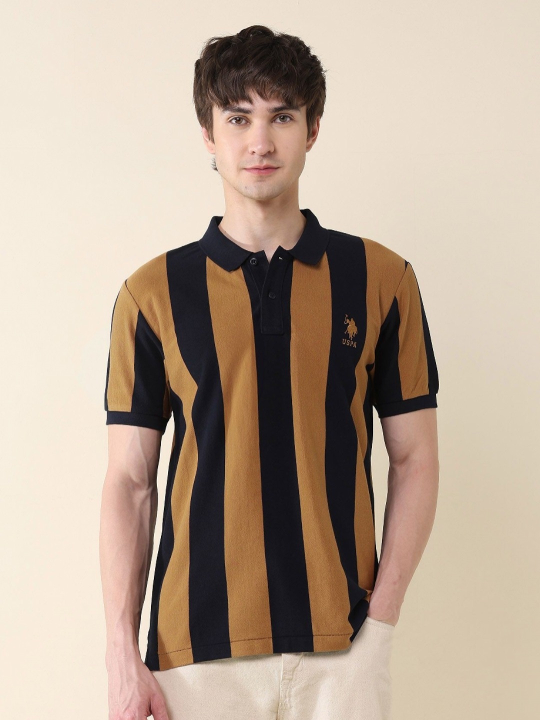 

U.S. Polo Assn. Men Striped Polo Collar Cotton Slim Fit T-shirt, Brown