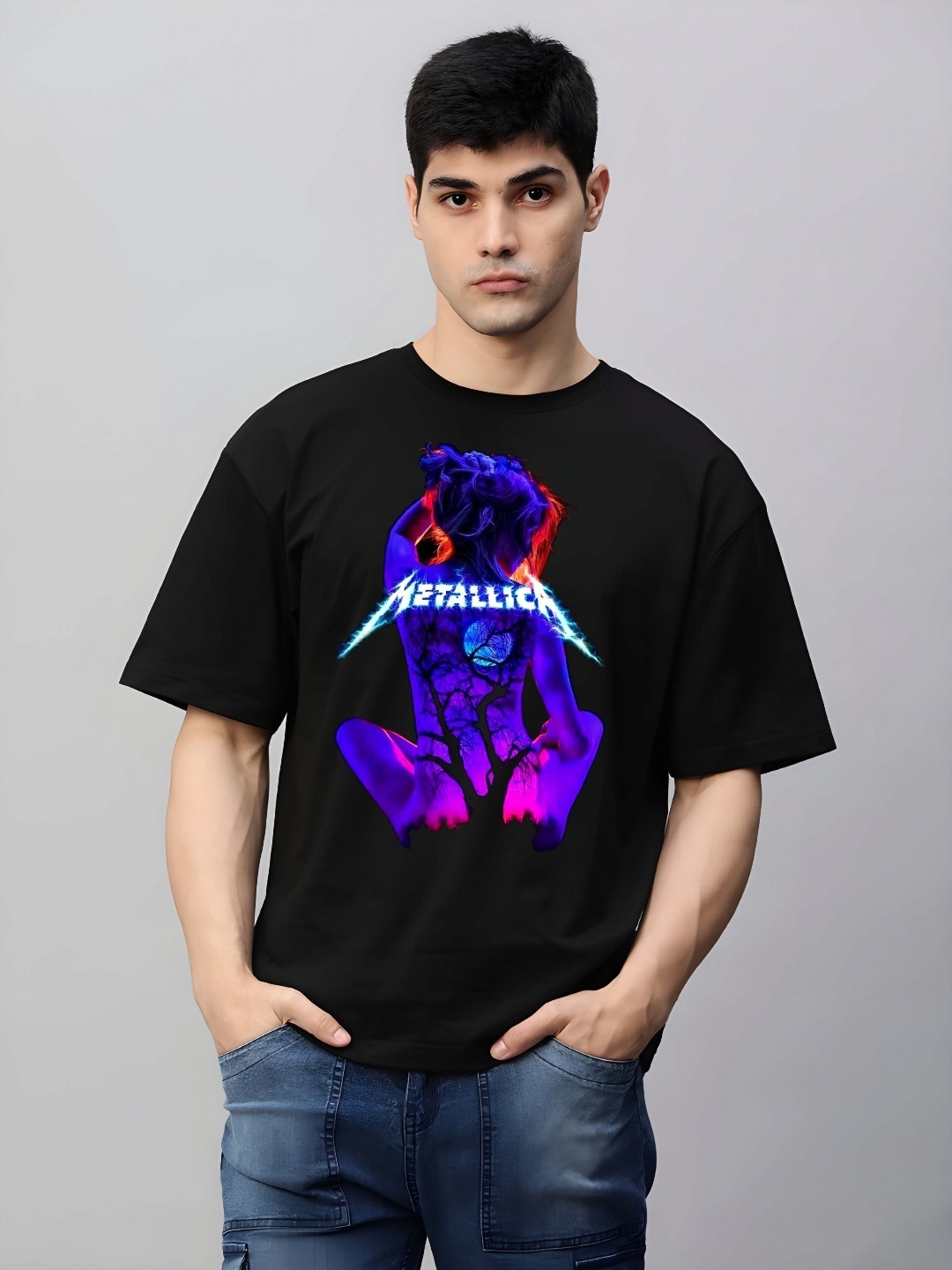 

THE BEETEL HOUSE Men Graphic Printed Round Neck Cotton Oversized T-shirt, Black
