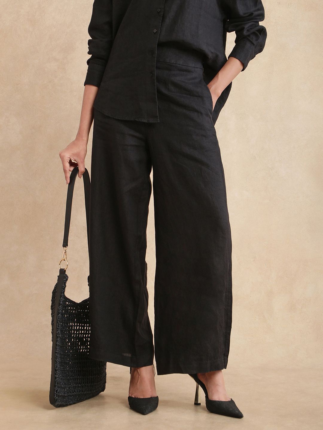 

RAREISM Women Comfort Loose Fit High-Rise Pleated Janria B Primary Black Trousers