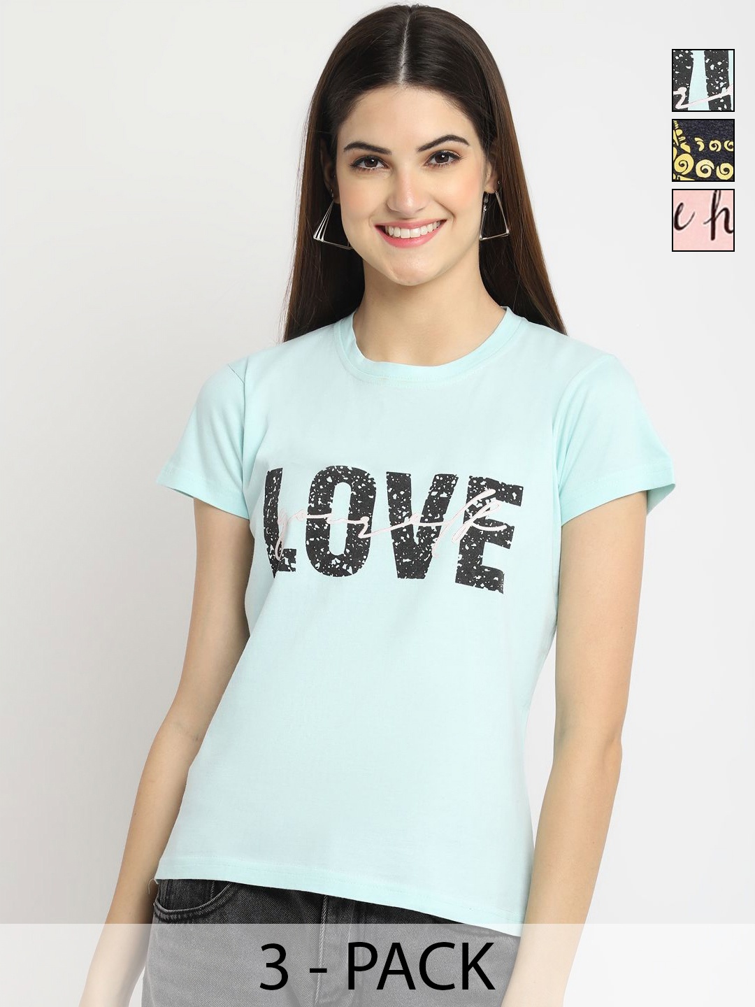 

Dreambe Women Pack of 3 Typography Printed Round Neck Cotton T-shirts, Peach