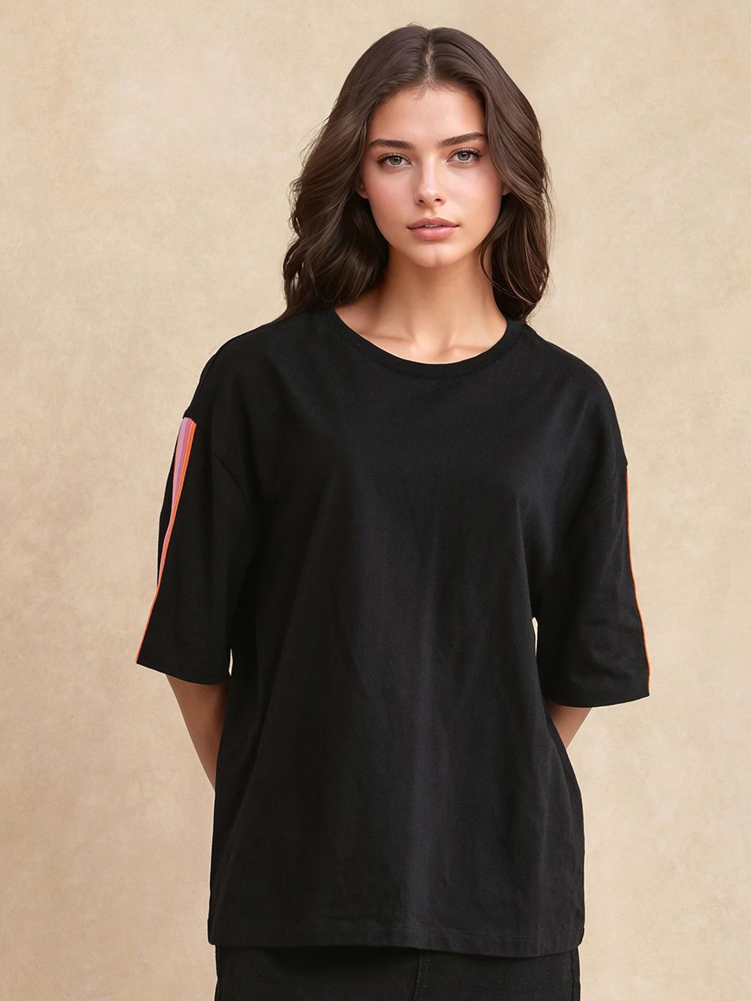 

RAREISM Women Striped Round Neck Oversized T-shirt, Black
