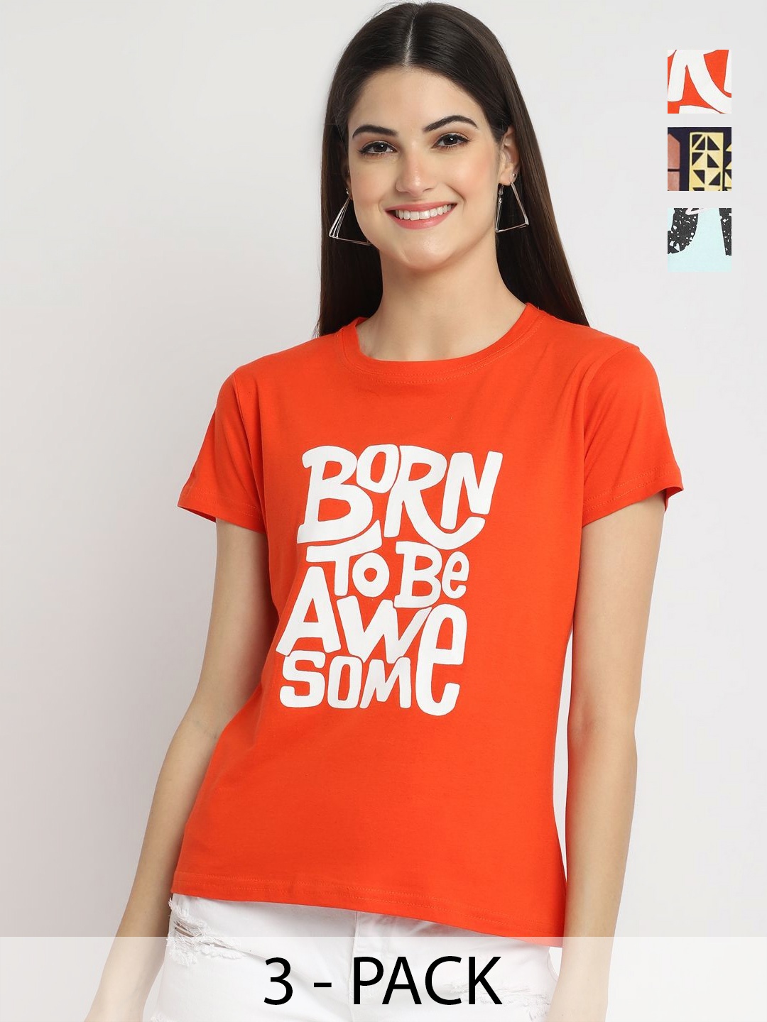 

Dreambe Women Pack of 3 Typography Printed Round Neck Cotton T-shirts, Orange