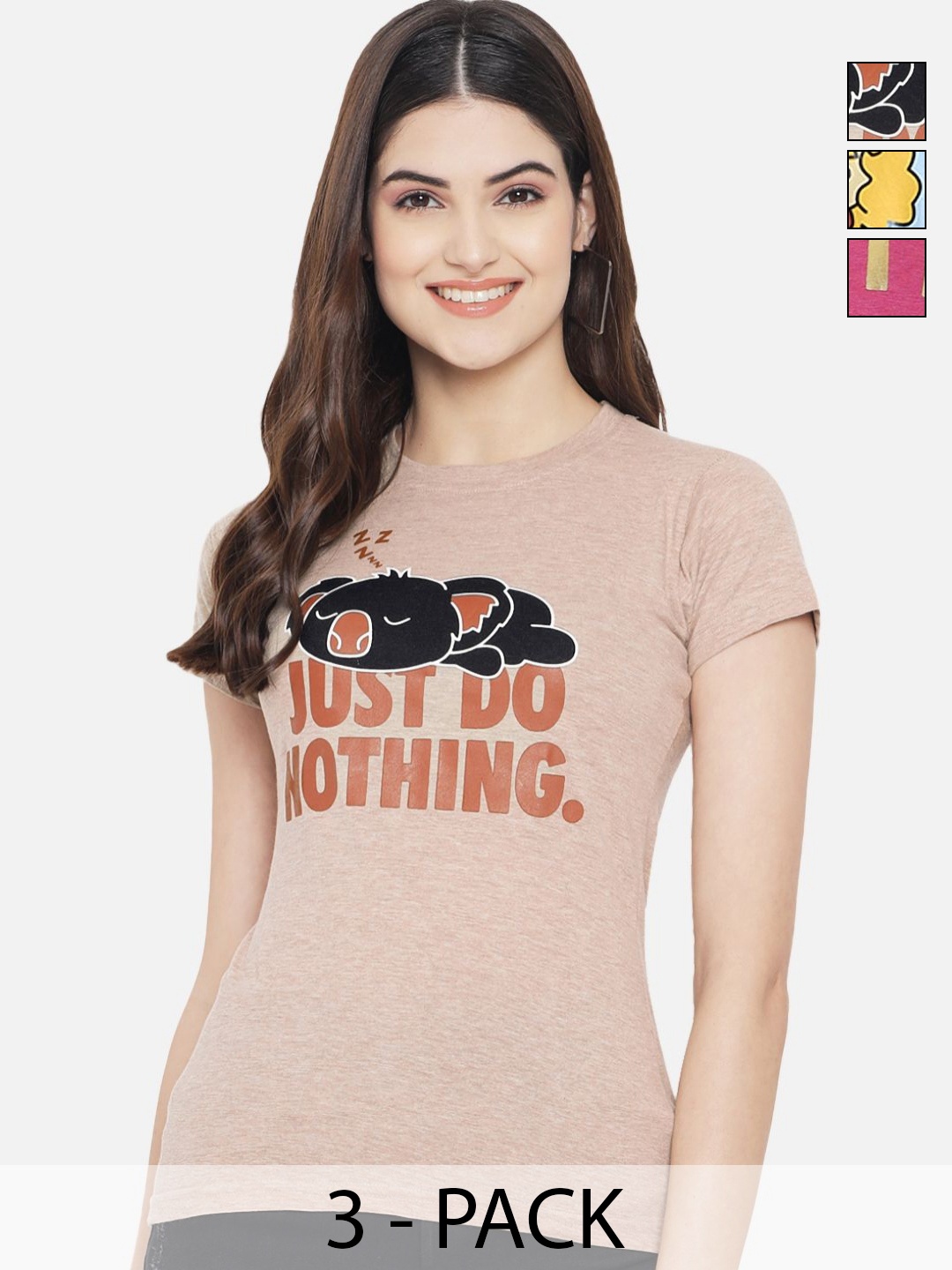 

Dreambe Women Pack of 3 Typography Printed Round Neck Cotton T-shirts, Beige