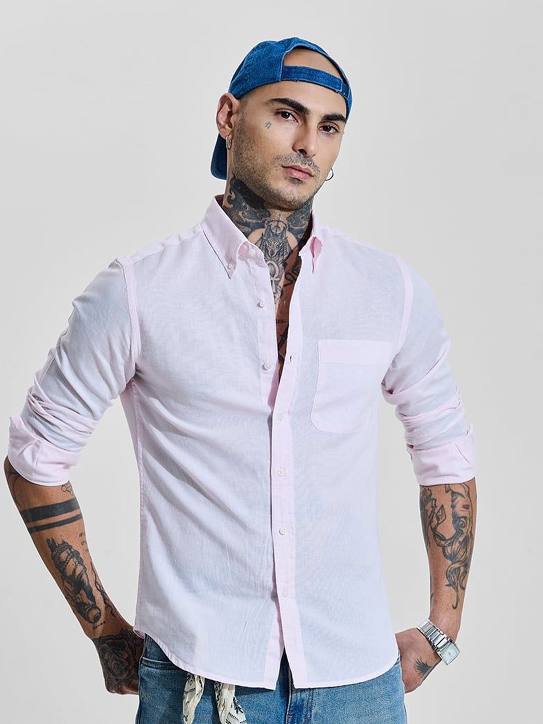 

Snitch Men Smart Slim Fit Button-Down Collar Solid Cotton Casual Shirt, Pink