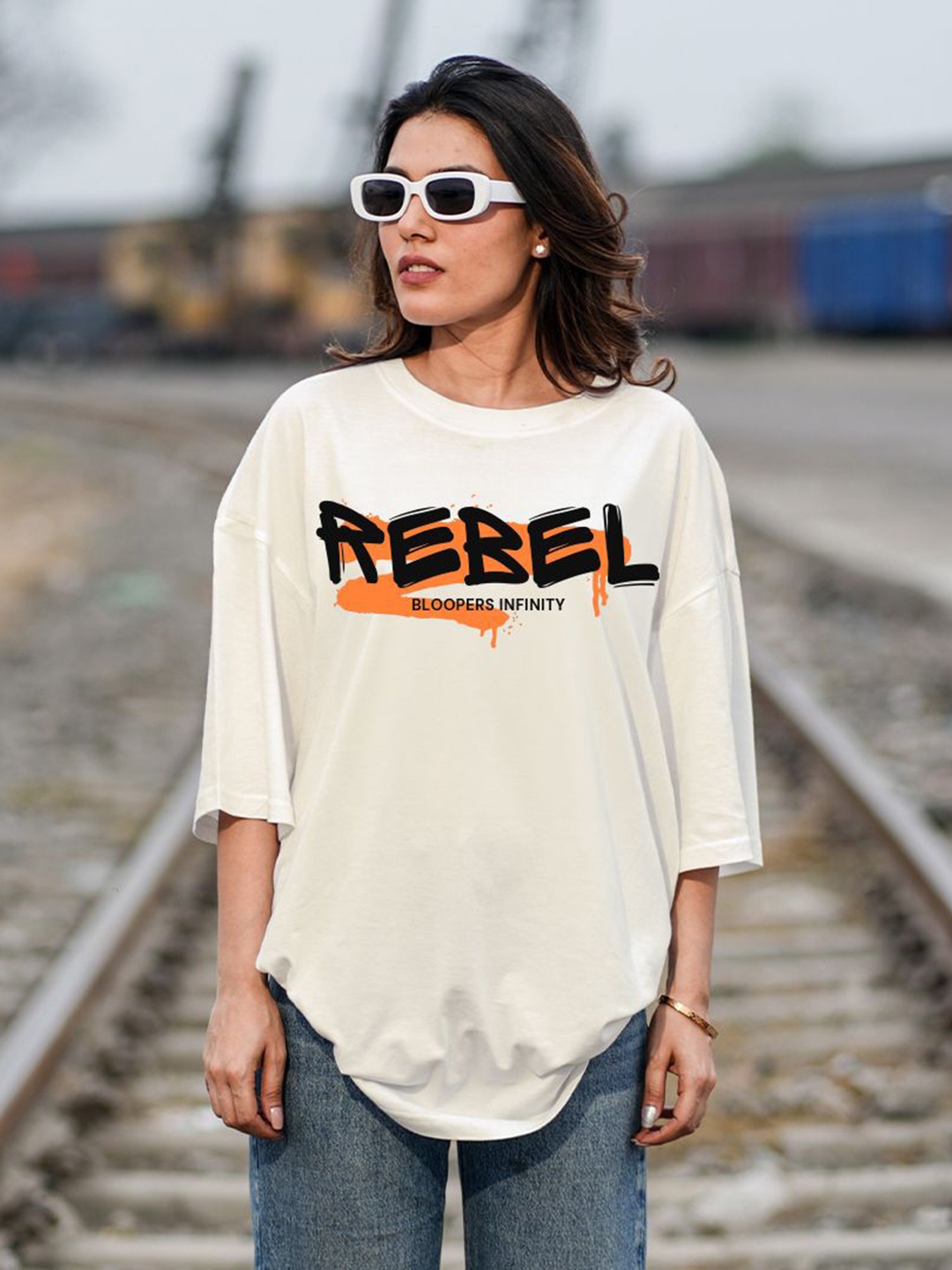 

Bloopers Store Women Typography Printed Round Neck Cotton Oversized T-shirt, Off white