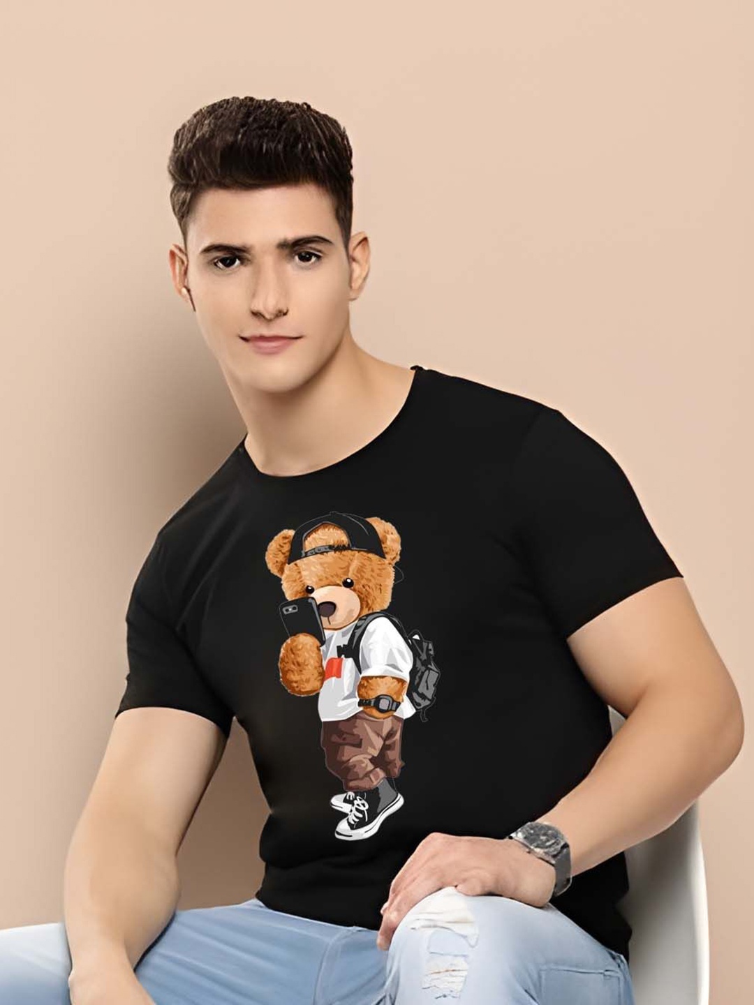 

THE BEETEL HOUSE Graphic Printed Half Sleeves Round Neck Pure Cotton T-shirt, Black