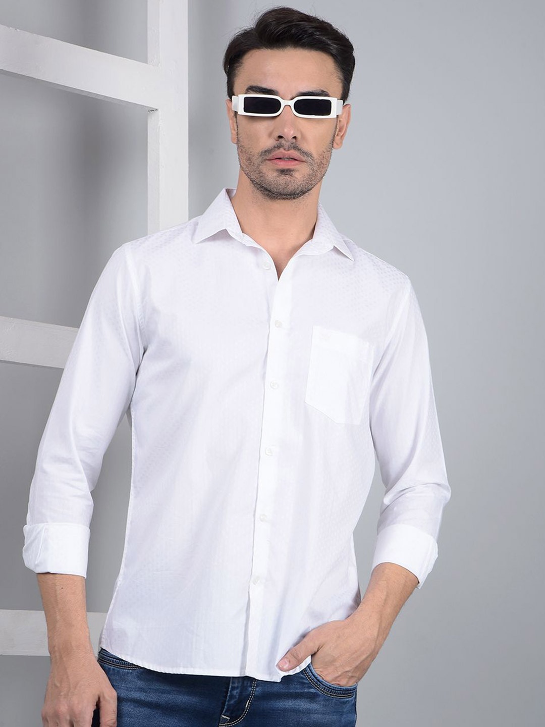 

Crimsoune Club Men Classic Slim Fit Textured Cotton Casual Shirt, White