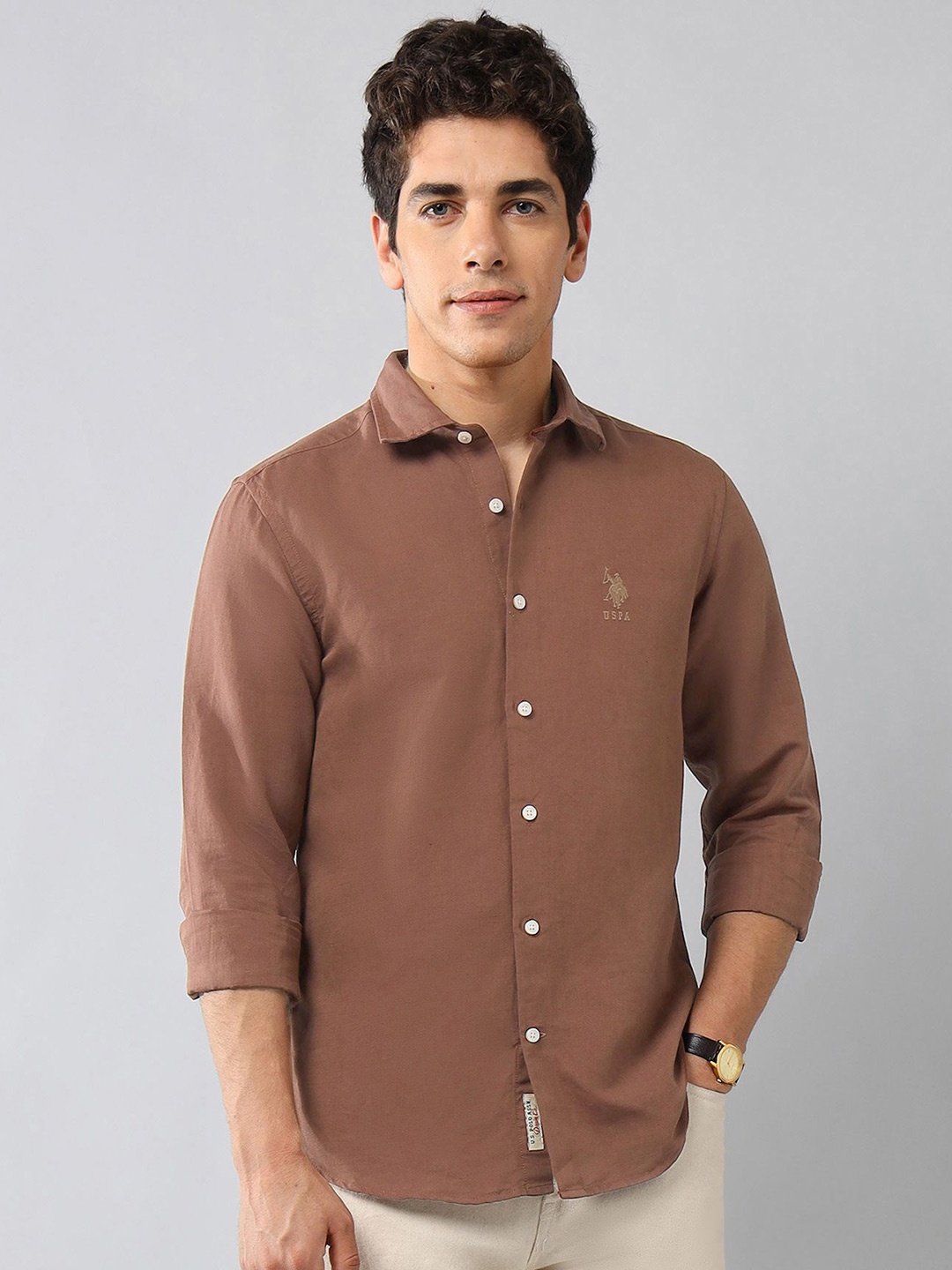

U.S. Polo Assn. Denim Co. Men Classic Regular Fit Spread Collar Solid Linen Casual Shirt, Mauve