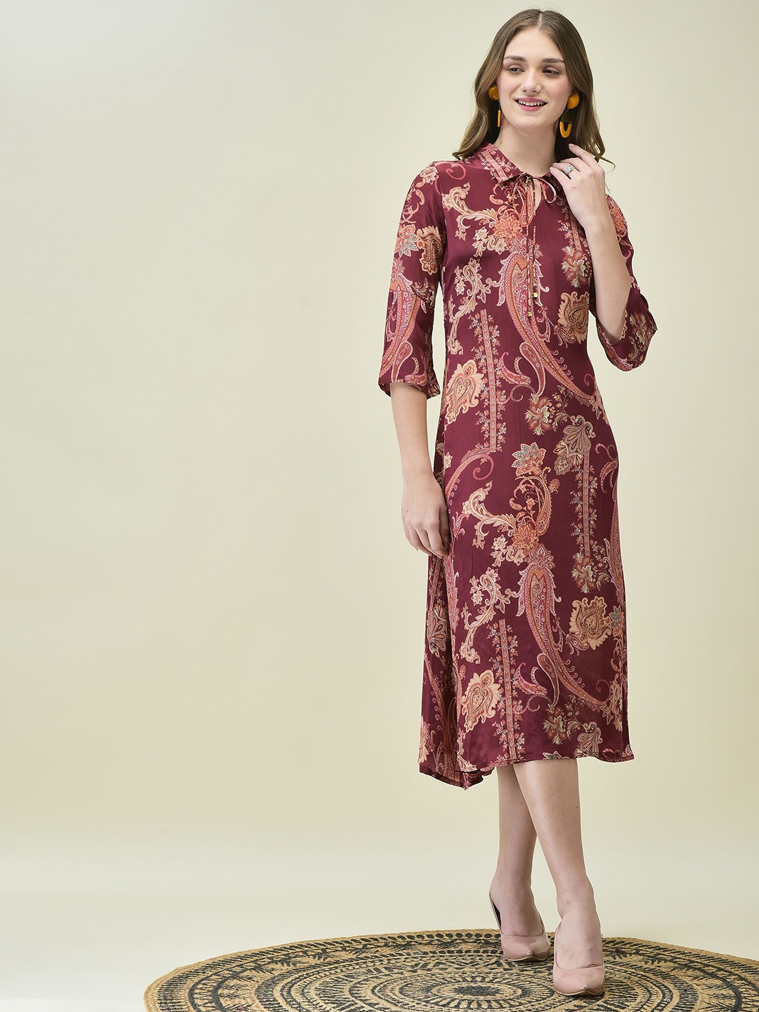 

Shree Women Paisley Printed A-Line Midi Dress, Burgundy
