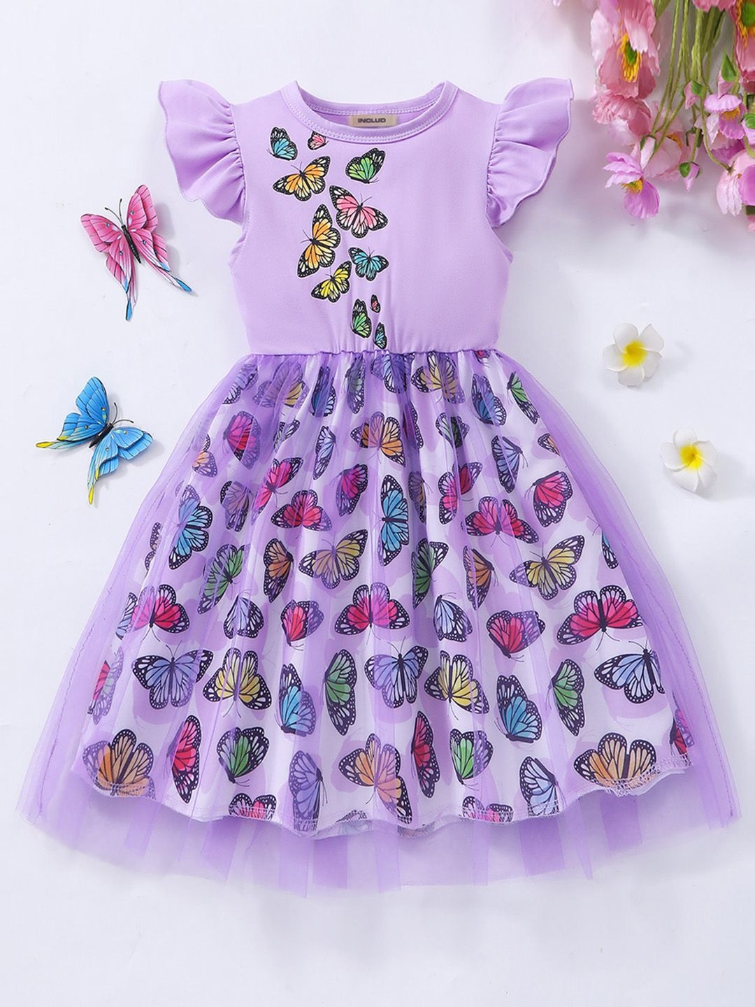 

INCLUD Girls Purple Butterfly Printed Short Sleeve Fit & Flare Dress