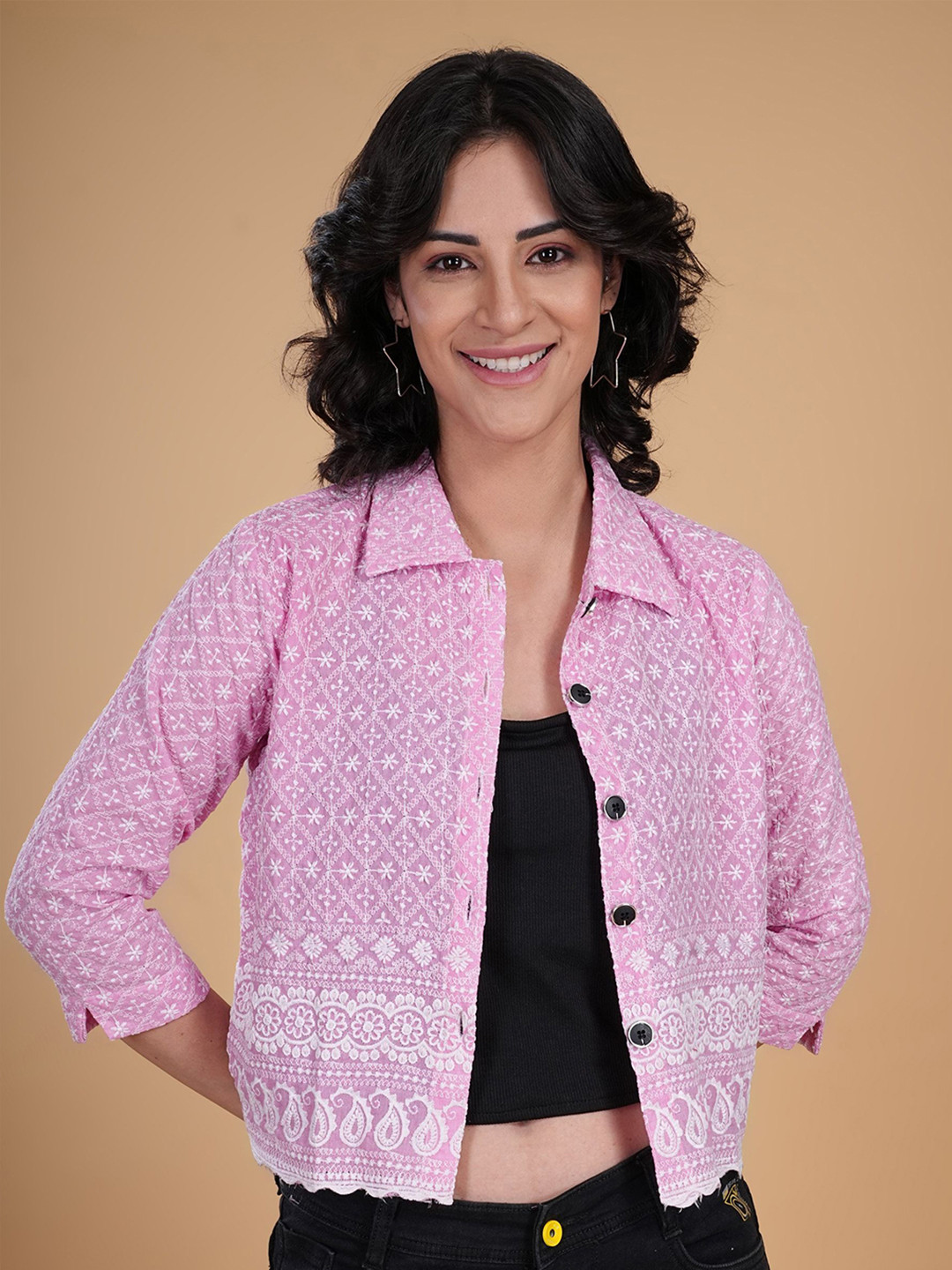 

LILY BUDS Women Standard Boxy Fit Spread Collar Floral Embroidered Cotton Casual Shirt, Pink