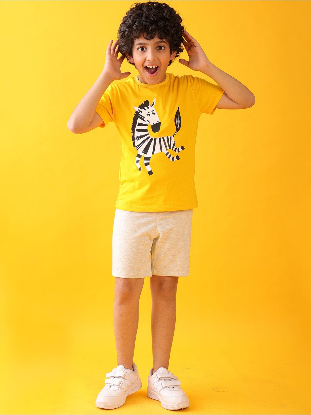 

Anthrilo Boys Zebra Printed Round Neck Pure Cotton T-shirt With Shorts, Yellow