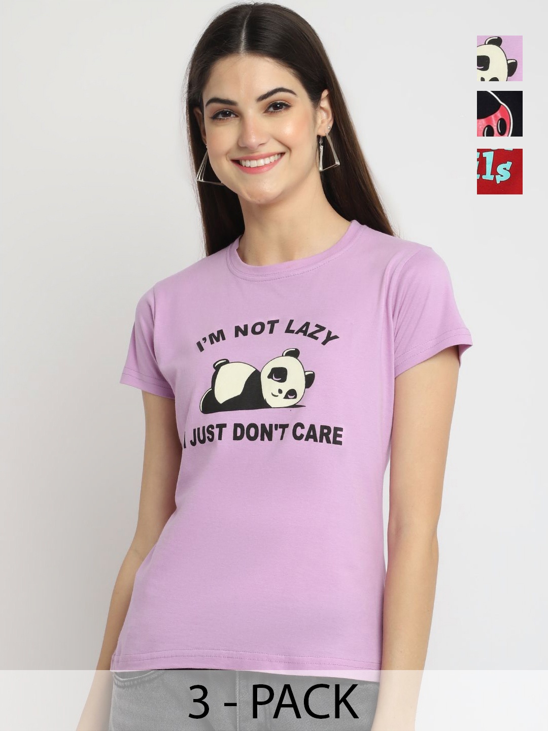

Dreambe Women Pack of 3 Mickey Mouse Graphic Printed Round Neck Cotton T-shirts, Lavender