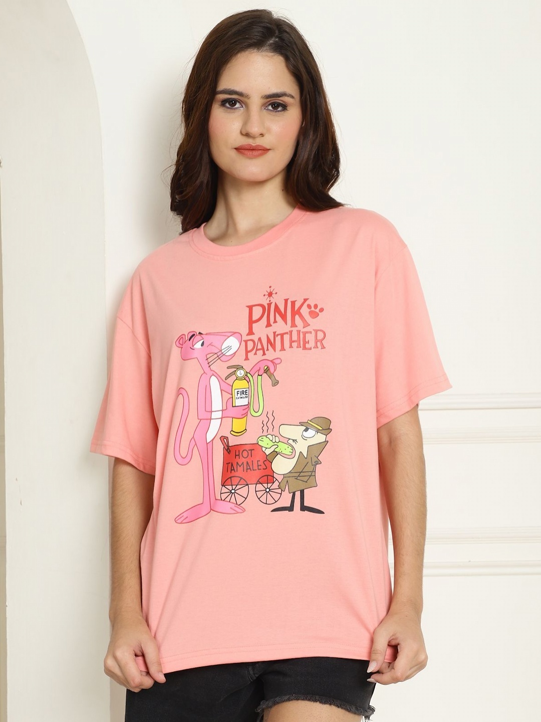 

Metronaut Women Graphic Printed Round Neck Cotton Oversized T-shirt, Pink