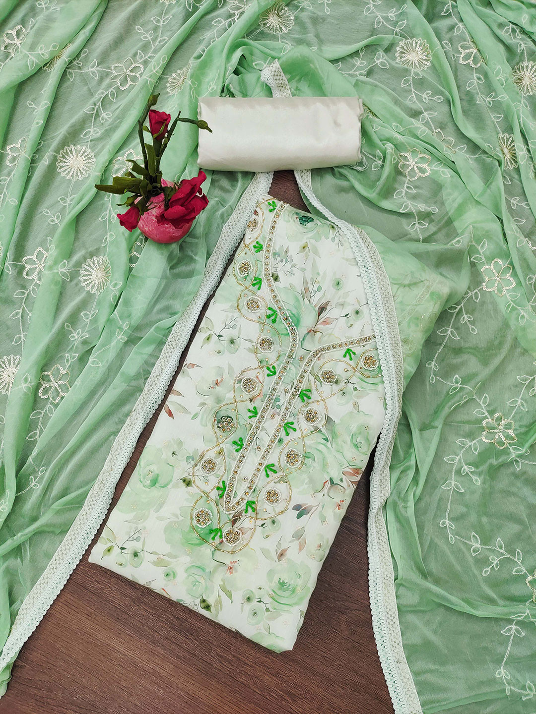 

SHADOW & SAINING Floral Printed Beads And Stones Semi-Stitched Dress Material, Green