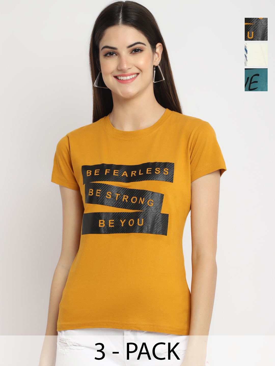 

Dreambe Women Pack of 3 Typography Printed Round Neck Cotton T-shirts, Mustard