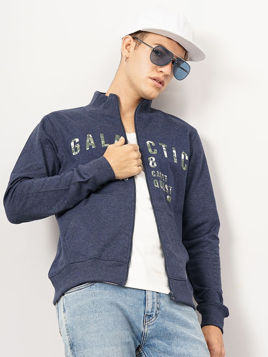 

Genoa Men Typography Printed Front-Open Sweatshirt, Navy blue