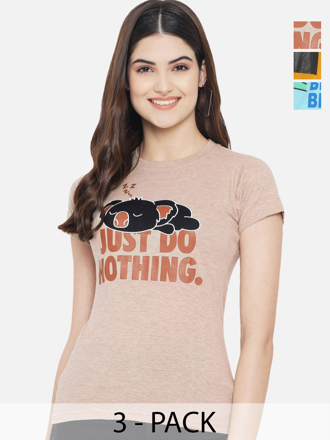 

Dreambe Women Pack of 3 Looney Tunes Typography Printed Round Neck Cotton T-shirts, Beige