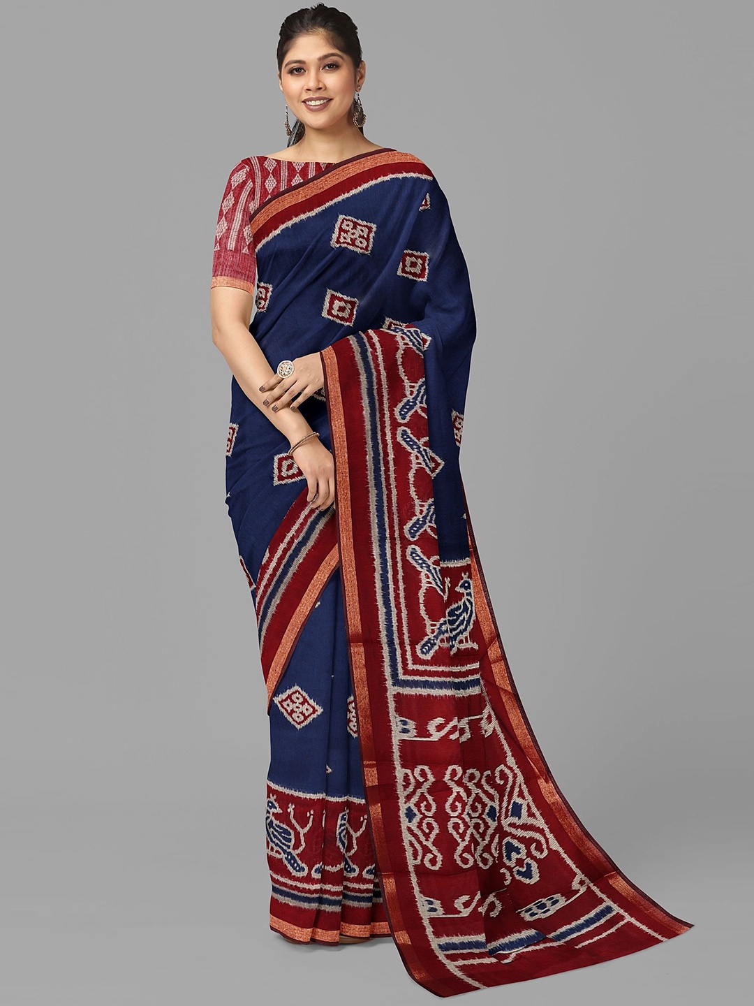 

The Chennai Silks Printed Pure Cotton Chanderi Saree, Navy blue