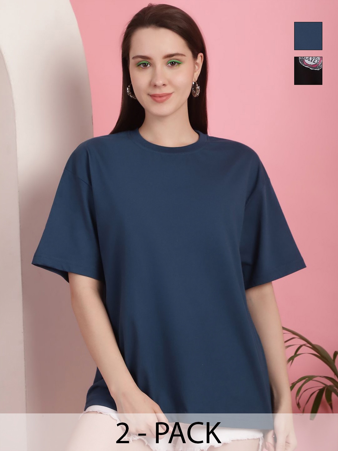 

GLOBAL NOMAD Women Pack Of 2 Graphic Printed Round Neck Cotton Oversized T-shirts, Navy blue