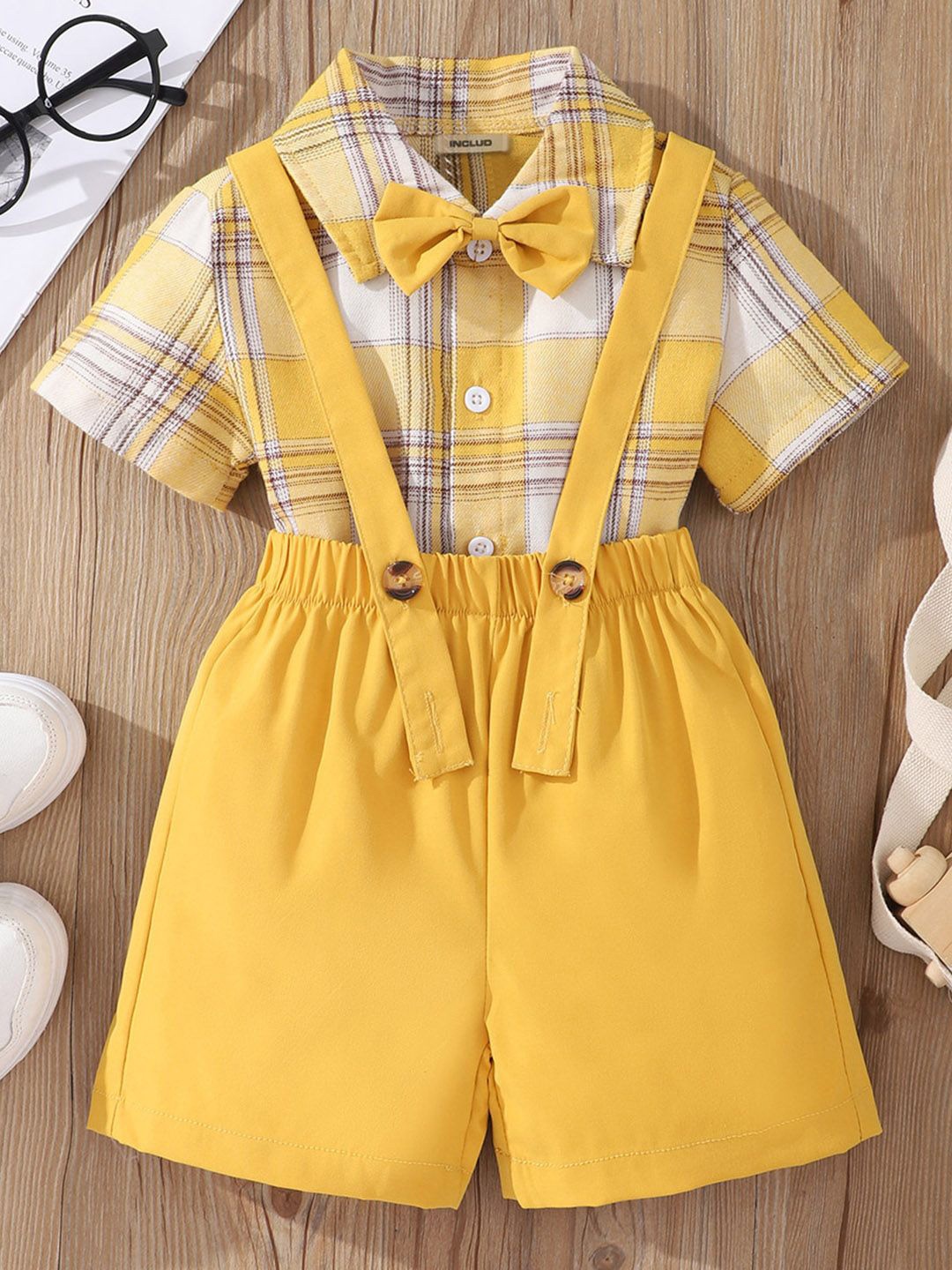 

INCLUD Boys Checked Shirt Collar Shirt With Shorts, Yellow