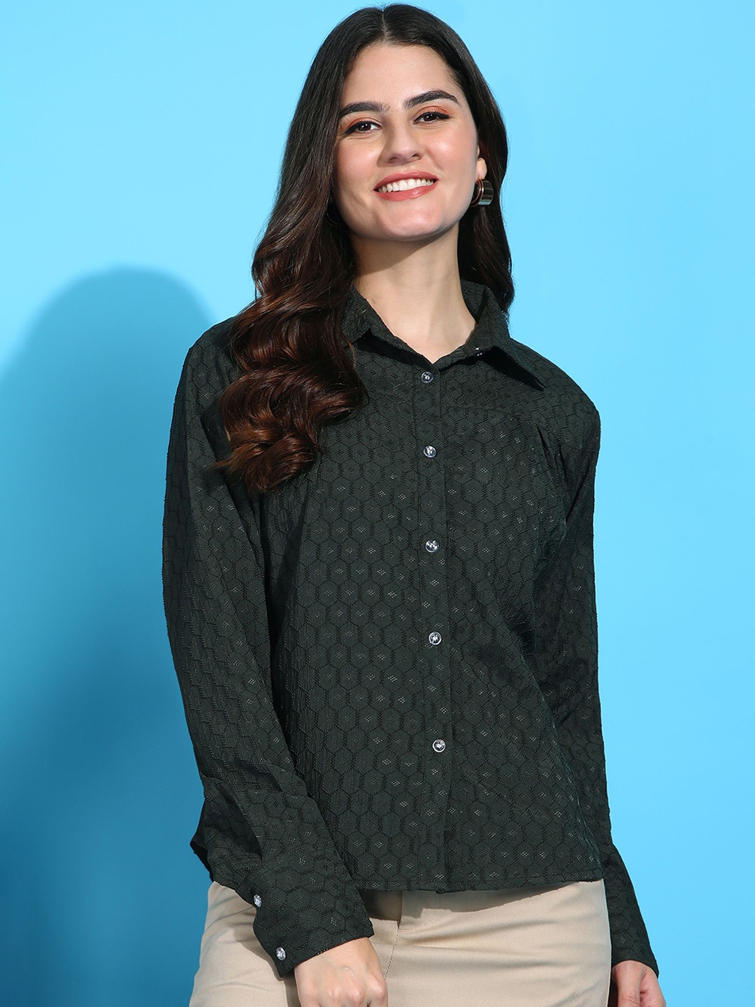 

Funday Fashion Women Opaque Printed Casual Shirt, Teal