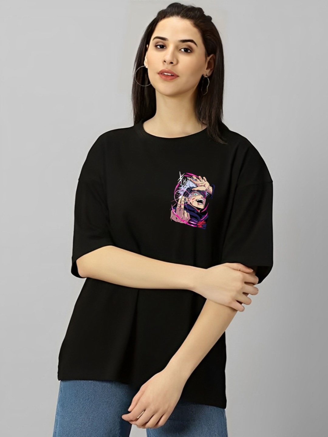 

LECOWAR Women Graphic Printed Round Neck Cotton Oversized T-shirt, Black