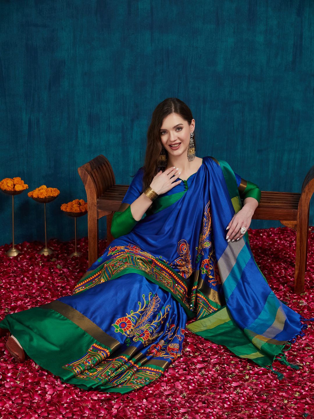 

KAVINDI Ethnic Motifs Embroidered Pure Silk Heavy Work Banarasi Saree, Blue