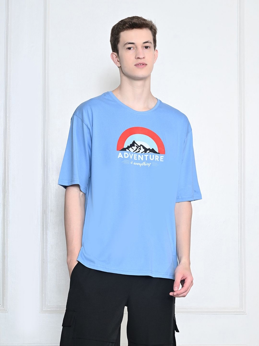 

FITINC Men Graphic Printed Bio Finish Oversized Cotton T-shirt, Blue
