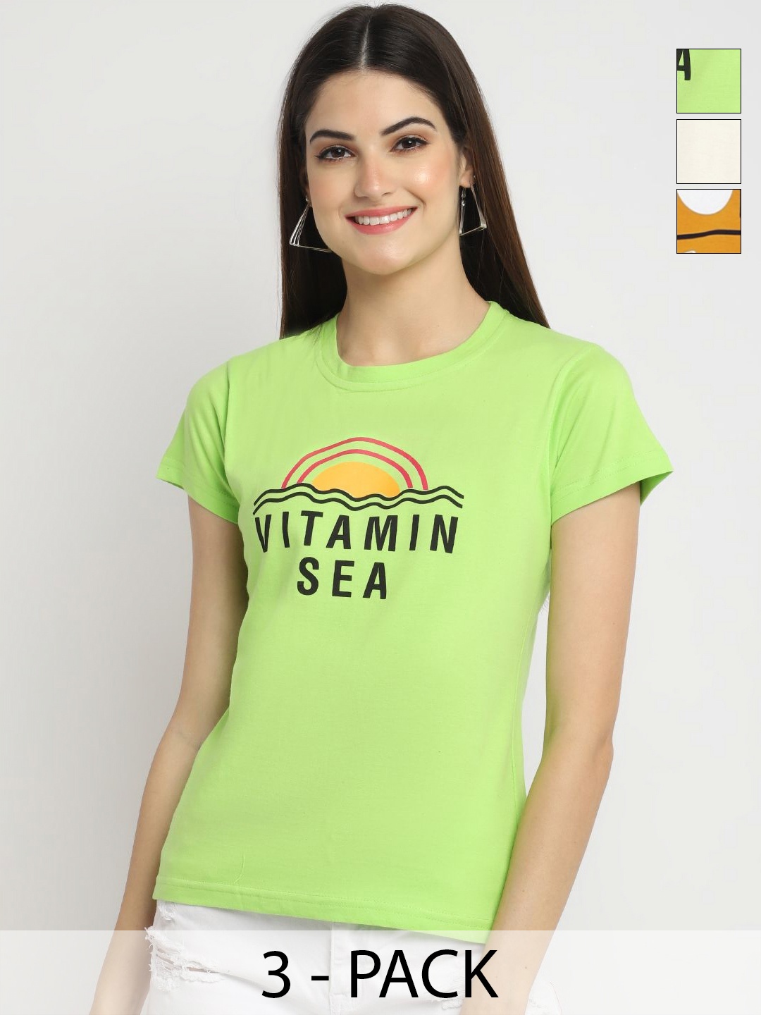 

Dreambe Pack of 3 Typography Printed Cotton Round Neck T-shirts, Green