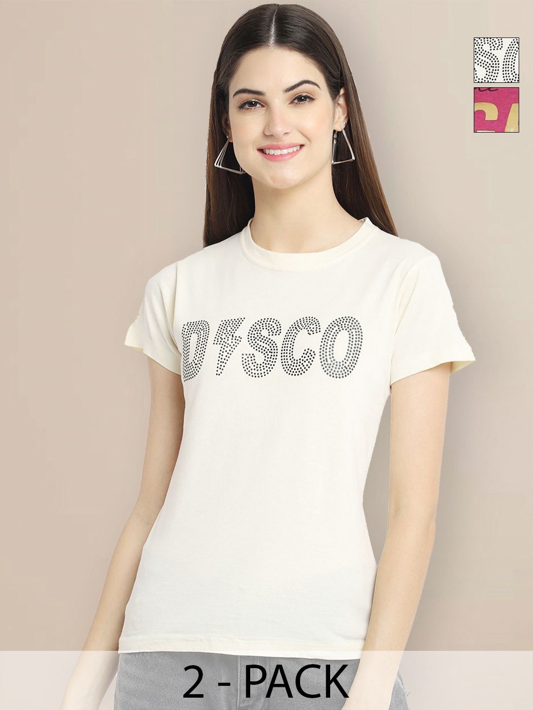 

GLOBAL NOMAD Women Pack of 2 Typography Printed Round Neck Cotton T-shirts, Cream