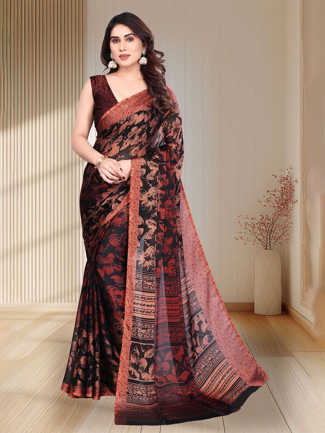 

SUPERLAXMI Floral Printed Pure Chiffon Saree, Maroon
