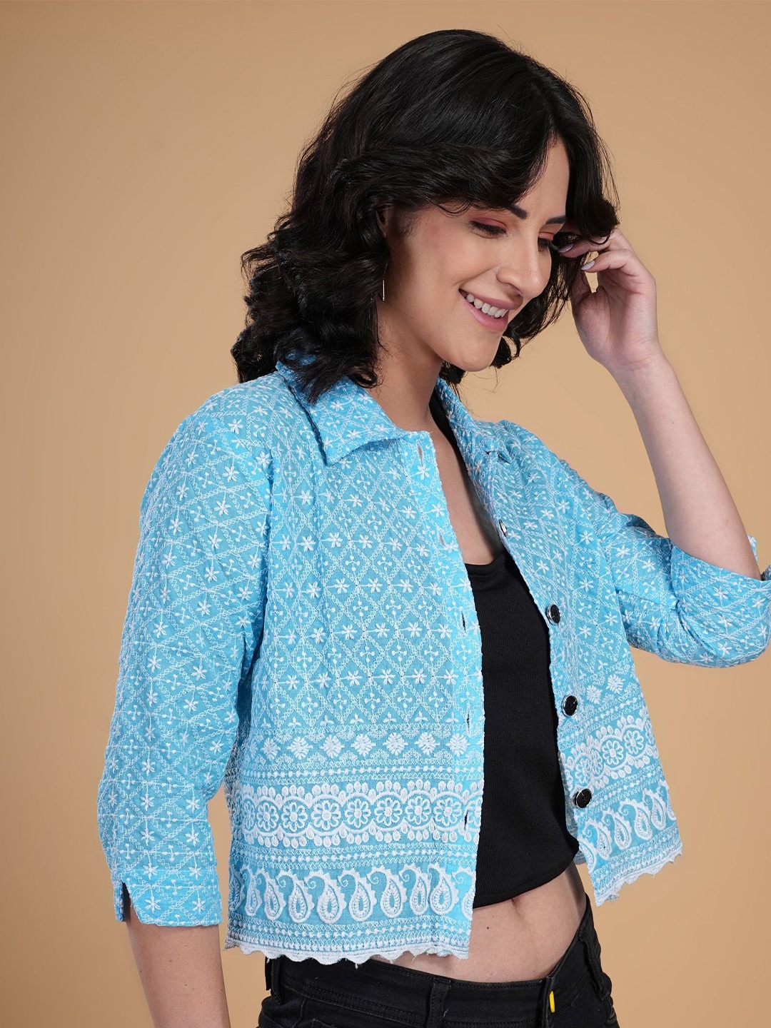 

LILY BUDS Women Standard Fit Spread Collar Geometric Printed Cotton Casual Shirt, Blue