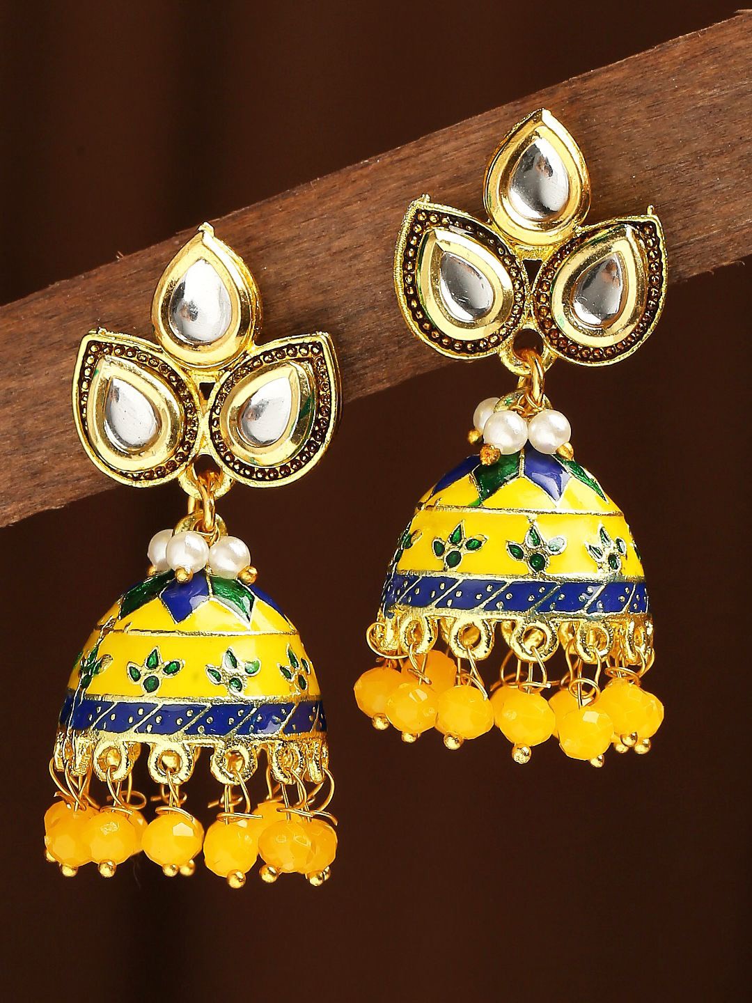 

Anouk Artificial Beaded & Kundan Studded Dome Shaped Meenakari Jhumkas, Yellow