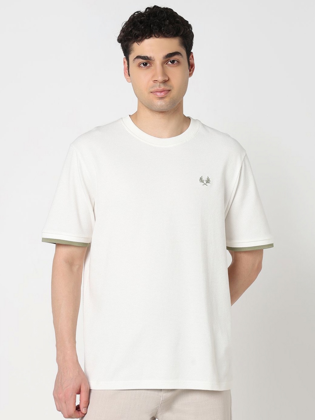 

R&B Men Solid Cotton Relaxed Fit T-shirt, White